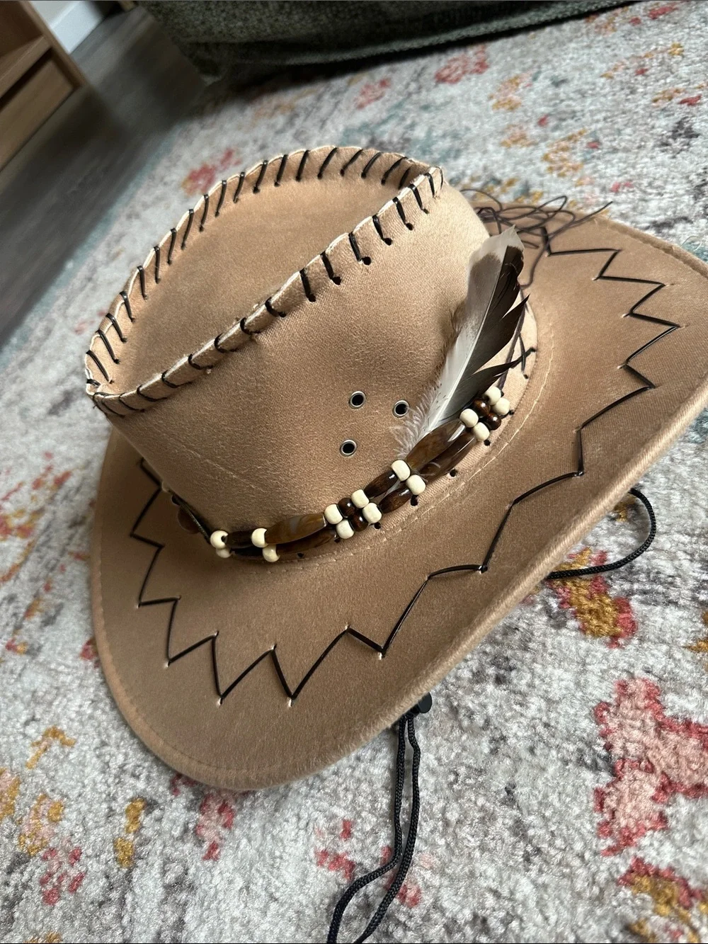 Tan Cowboy Hat with Bead & Feather Band